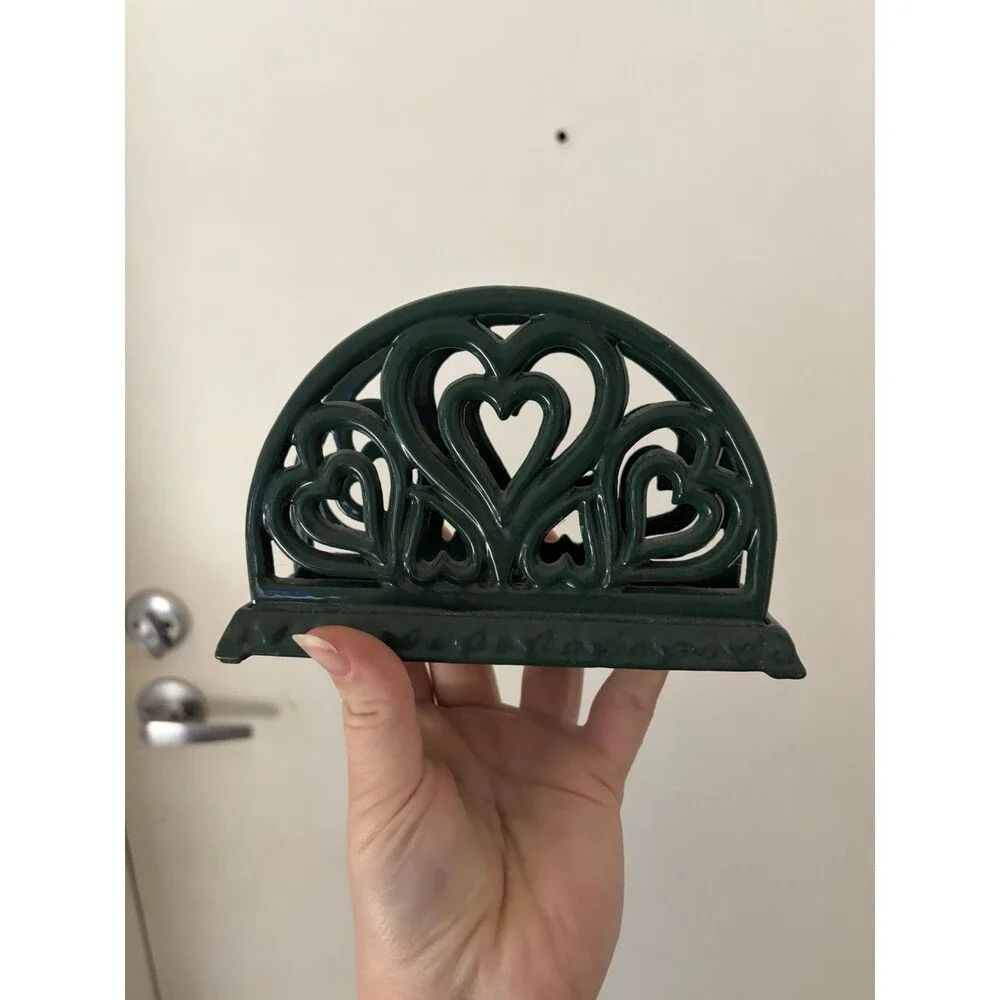 Vintage Green Ornate Cast Iron Napkin Holder Hearts Heavy Metal Valentine’s Day
